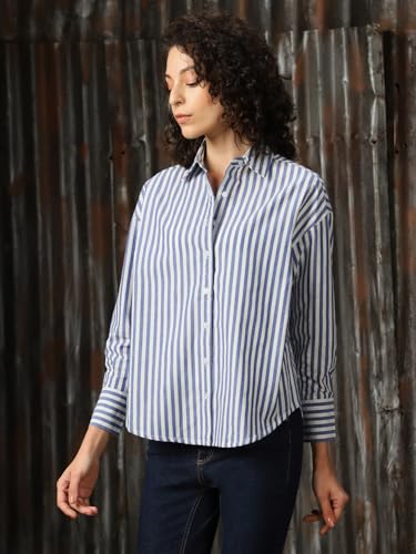 Image of High Star Women Cotton Striped Oversized Fit Collar Full Sleeves Shirts