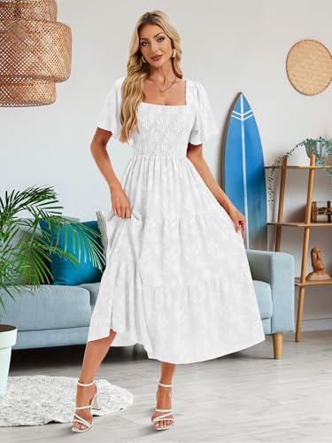 Image of Women's Summer Dresses 2025 Casual Maxi Dresses Boho Floral Short Sleeves Square Neck Beach Vacation with Pockets
