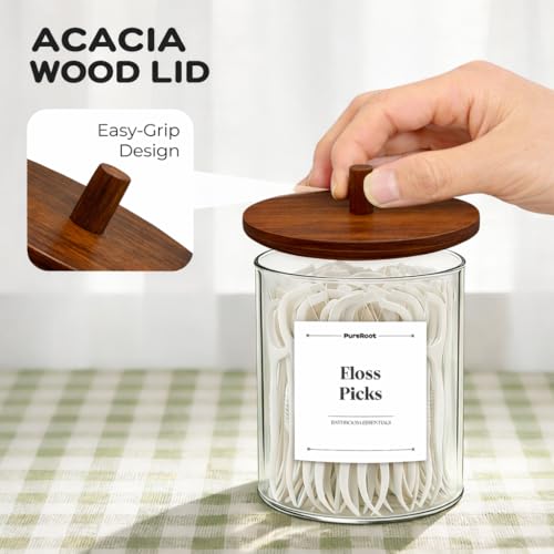 15oz-10oz-Glass-Qtip-Holder-with-Acacia-Wood-Lids-2-Pack-Apothecary-Jars-Small-Glass-Dispenser-Jars-with-Labels-for-Cotton-Swabs-Cotton-Balls-Pads-Floss-Picks-Toothpicks-Vanity-Organization