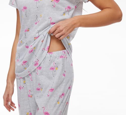 Image of CHUNG Women Cotton Pajama Sets Sleepwear pjs Short Sleeve Shirt Capri Length Crop Pants Cute Vivid Print