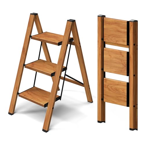 Taranta 3 Step Ladder,Aluminum Lightweight Folding 3 Step Stool with Anti-Slip Wide Pedal, 330lbs Capacity Step Ladder for Household,Kitchen,Office - Woodgrain