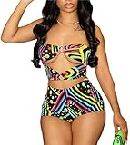 LXUAMR Sexy Two Piece Outfits for Women Summer Cut Out Print Color Block Tube Top and Bodycon Shorts Set