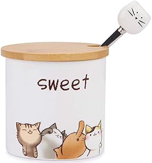 Sugar Bowl with Lid and Spoon, ChaseChic 9oz/266ml Ceramic Sugar Pot, Cute Cat Pattern Covered Sugar Bowl for Home and Kitchen, Gift for Cat Lovers
