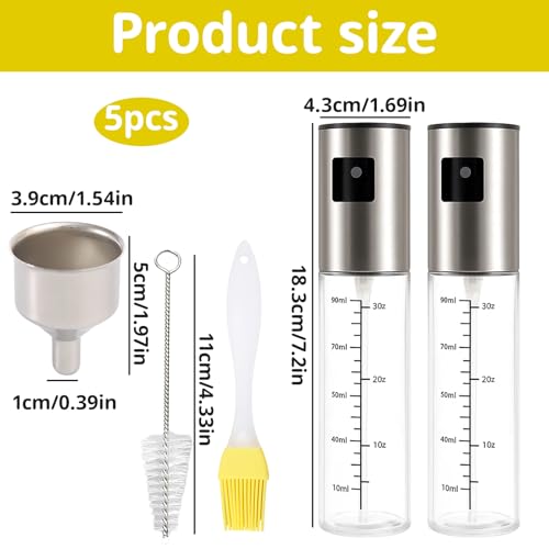 Oil Spray Bottle, 2 Pack Stainless Steel Oil Sprayer for Cooking with 3 Accessories, 18.3×4.3×4.3cm Oils Spray Bottle, 3.9×5cm Funnel, Olive Oils Sprays Bottle for Kitchen - Image 3