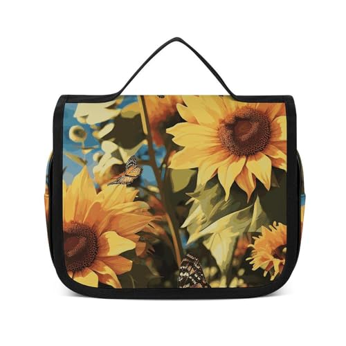 Trousse de toilette blanche tournesols et papillons étanche de dimensions 22,6x7,1x18,5 cm