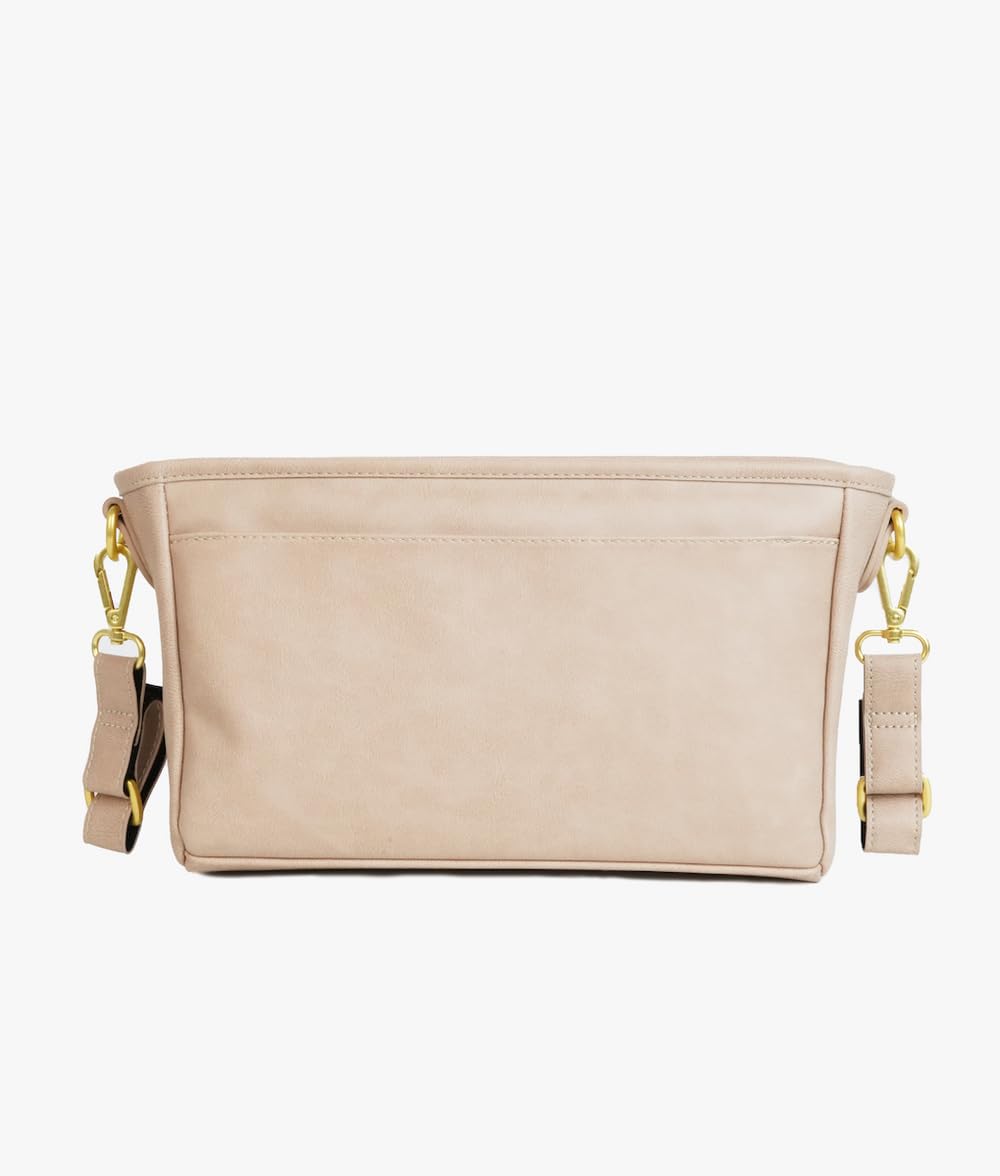 FAWN DESIGN The Kinderwagen-Caddy aus hochwertigem, mattem Kunstleder mit Getränkehalter, beige Wickeltasche mit verstellbaren Kinderwagengurten, 2 Außentaschen, 1 Reißverschlusstasche, 35,6 x 12,7 x