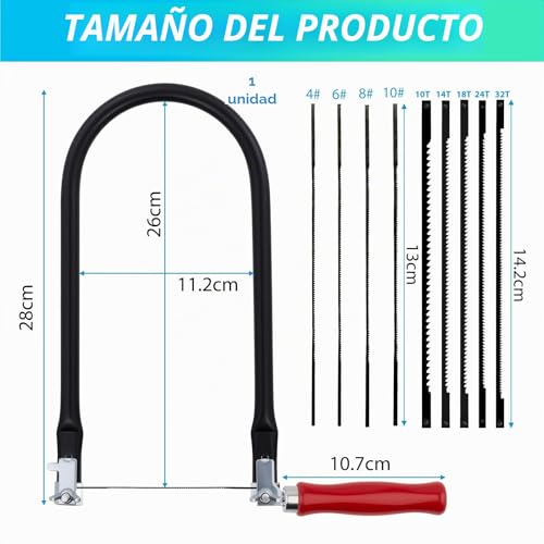 Miniatura 2 de Txerfolg Juego De Sierra De Marquetería Con 9 Hojas De Sierra 4 6 8 10 10t14t18t24t32t Y Arco Para Metal Y Madera Con Mango, 130mm Sierra De Hoja Cortes Precisos, Sie Rra Fina Para Trabajos En Madera