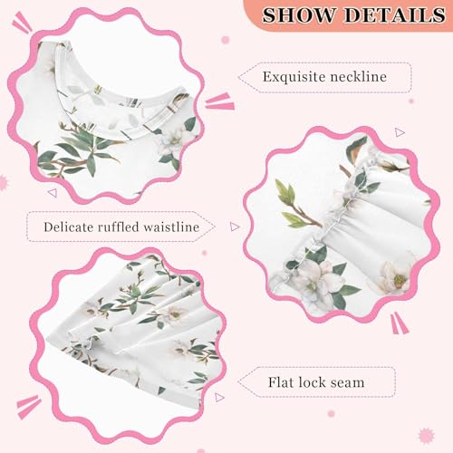Magnolia White Flowers Girls Casual Dress Cotton Summer Clothes for Kids 2T-8Y3