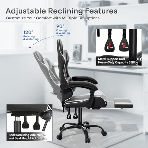 Image of Athena Collection Ergonomic Gaming Chair for Adults, White | Height Adjustable Office Chair Computer Desk Chair with Footrest & Headrest Lumbar Support for Office & Home, 350lbs