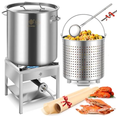 Image of ARC 84QT Stainless Steel Seafood Boil Pot with 200,000BTU Propane Burner and 48" Large Spoon, Crab Crawfish Boil Pot and Burner for Outdoors Cooking and Steaming