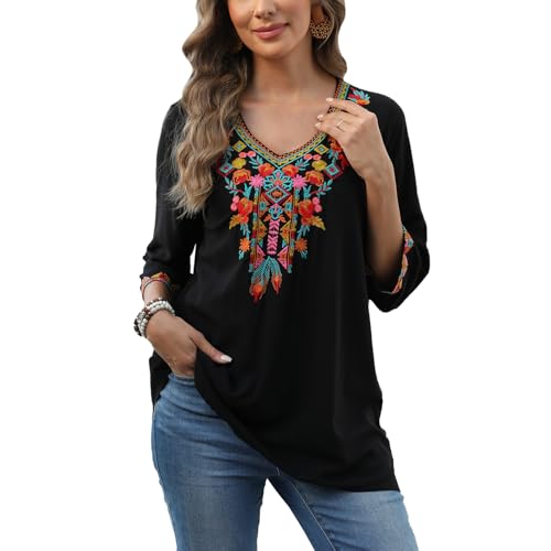 Haut bohème brodé femme style hippie chic à manches 3/4
