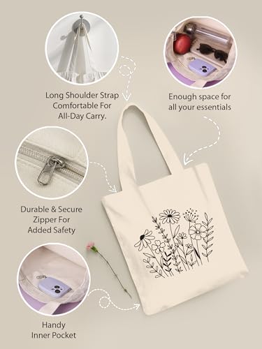 Image of DOODLE Premium Canvas Tote Bag for Women with Zip and Inner Pocket for Shopping, Office, Travel and Daily Use