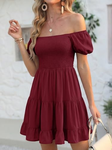 Image of Veatzaer Women's Puff Sleeve Square Neck Smocked Babydoll Dress Boho Floral Print Off Shoulder Ruffle Mini Short Dress