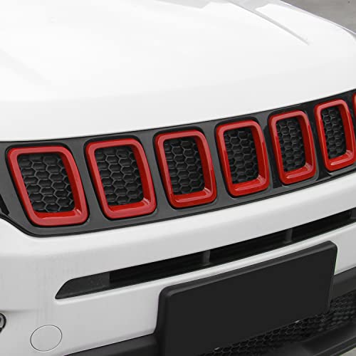 Image of CheroCar Grille Inserts ABS Front Grill Cover Guard Exterior Accessories for Jeep Compass 2017-2020, Red
