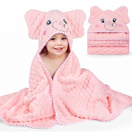 Image of FIOBEE Toddler Bath Towel with Hood Baby Towels, 55x28 inch Large Soft Absorbent Kids Hooded Towels for 1-5 Years Old Baby Girls Boys Bath Beach Essentials Blanket, Pink Elephant
