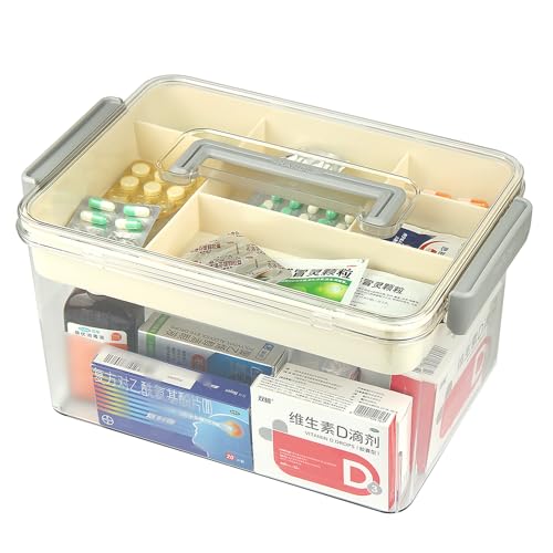 Buxiffod Caja de almacenamiento de medicamentos, organizador de medicamentos de 2 niveles con compartimentos, caja organizadora de medicamentos de plástico transparente con asa, 11.4 x 8.3 x 6.7