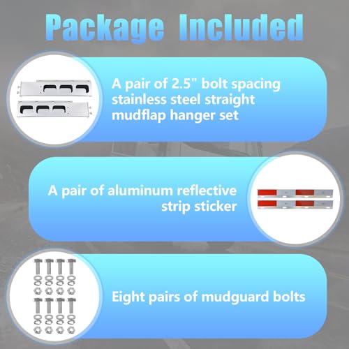 Image of Stainless Steel Mud Flap Hanger Set, 2.5 inch Bolt Spring, 2-1 /2 inch Bolt Spacing 30 inch Length Rear Bar with Rectangle Light Cutouts, Loaded with Aluminum Reflective Tapes for Semi Trucks