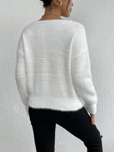 Verdusa Women's Fuzzy Sweater V Neck Off The Shoulder Long Sleeve Pullover Sweaters2