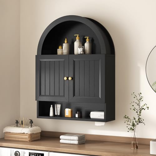UPOSOJA Arched Bathroom Wall Cabinet 27.4 x 36.4 Over The Toilet Cabinet with Grille Door Adjustable Shelf Wall Mounted Cabinets for Bathroom Laundry Room Kitchen (Black 36IN)