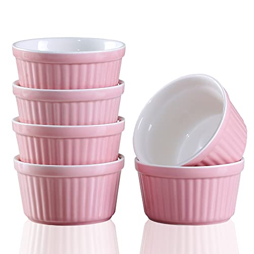 Ramekins 6oz Oven Safe,Creme Brulee Ramekin and Souffle Dishes,Porcelain Baking Bowls,Dipping Sauce Dish.Pudding Cups,Set of 6,Pink