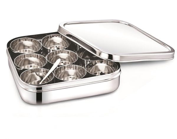 Dibha Stainless Steel Square Shape Masala Box/Masala Dabba With Nine Cups & Spoon, Spice Containers/Kitchen Storage Condiment Box (L-23 X W-23 X H-6 Cm, Large, 2500 Ml) - Silver