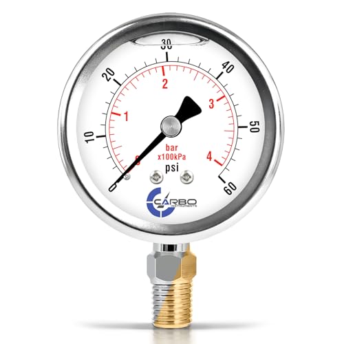 Image of Carbo 60 PSI Liquid Filled Pressure Gauge with NIST Traceable Certificate, Calibrated in USA Lab, 2.5 inch Dial, 1 /4 NPT Lower Mount, ASME Grade A, 304 SS Case, Brass Wetted Parts, PSI /Bar