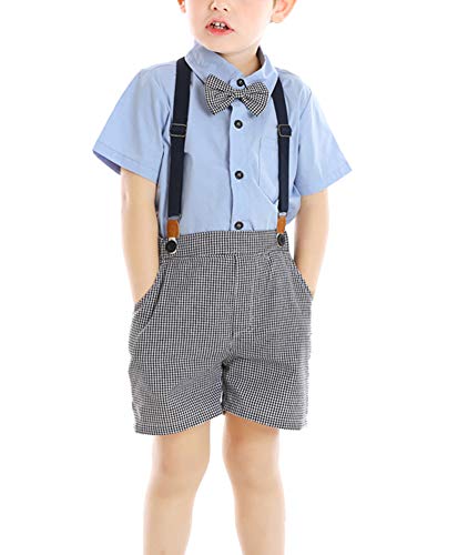 Boys 3Pcs Clothing Sets Elegant Short Sleeve Shirts Bowtie Suspender Pants Party Suit Blue 18M