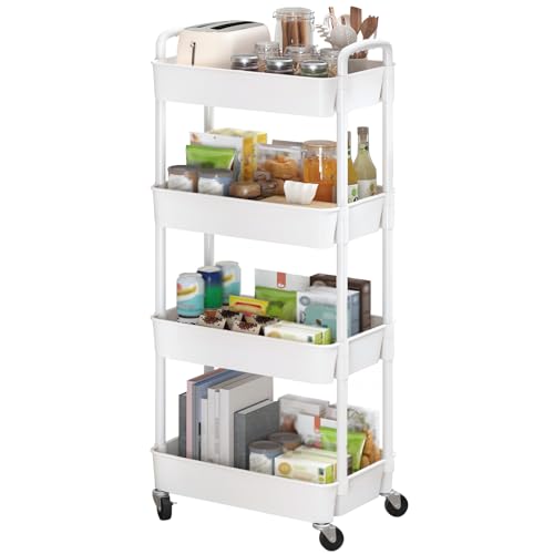 Image of Sywhitta 4-Tier Plastic Rolling Utility Cart with Handle, Multi-Functional Storage Trolley for Office, Living Room, Kitchen, Movable Storage Organizer with Wheels, White