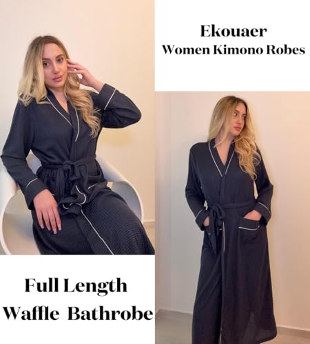 Image of Ekouaer Robes for Women Lightweight Knit Waffle Bathrobe Full Length Kimono Casual Ladies Loungewear