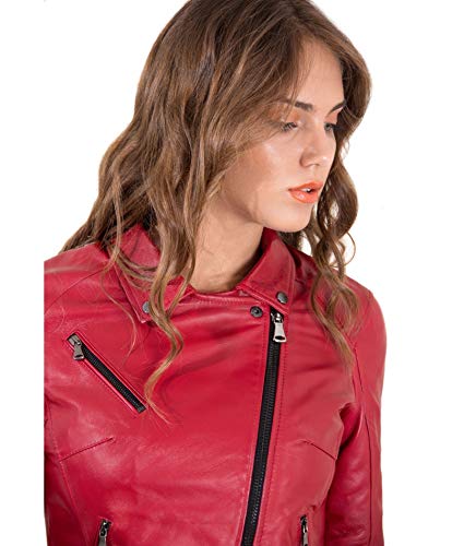 Blouson en cuir motard femme rouge Made in Italy fausse ceinture – vue 2