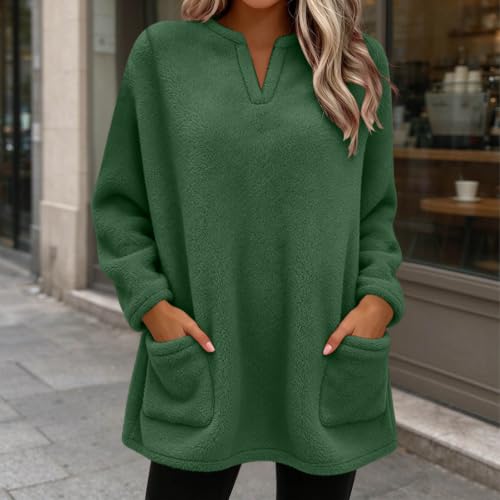 Fleece Sweatshirts For Women V Neck Long Fuzzy Sherpa Sweaters Army Green - image 2