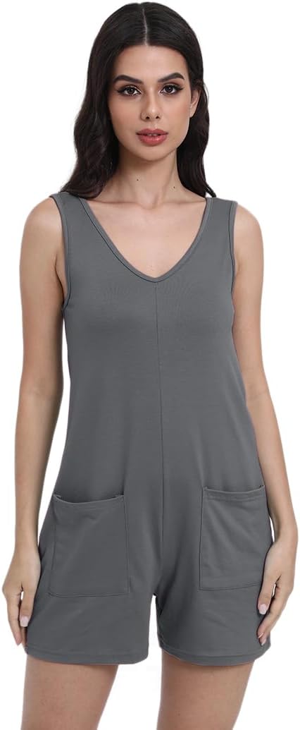 Womens Summer V Neck Sleeveless Tank Top Romper Loose Fit Jumpsuit Trendy One Piece Jumps with Pockets - Image 2
