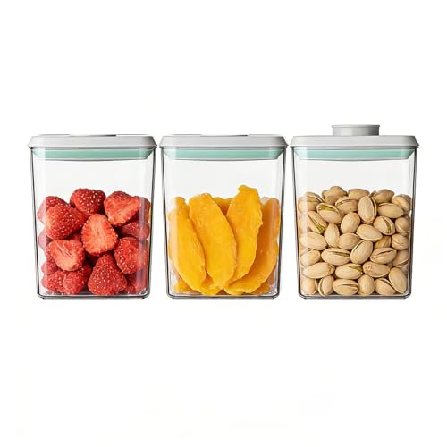 EQI Airtight Food Storage with One-Touch Lid, (3 × 1.27 QT / 1.2 L) Stackable Durable PET for Sugar, Grains, Coffee Beans, and Baking Pantry Organization