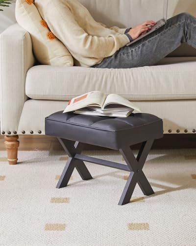 Image of IBUYKE Small 12 inch H Footrest, Square PU Step Stool, Black WBD012B | Foot Stool Metal X-Leg Multi-Use Small Side Table Living Room Bedroom Entryway Office
