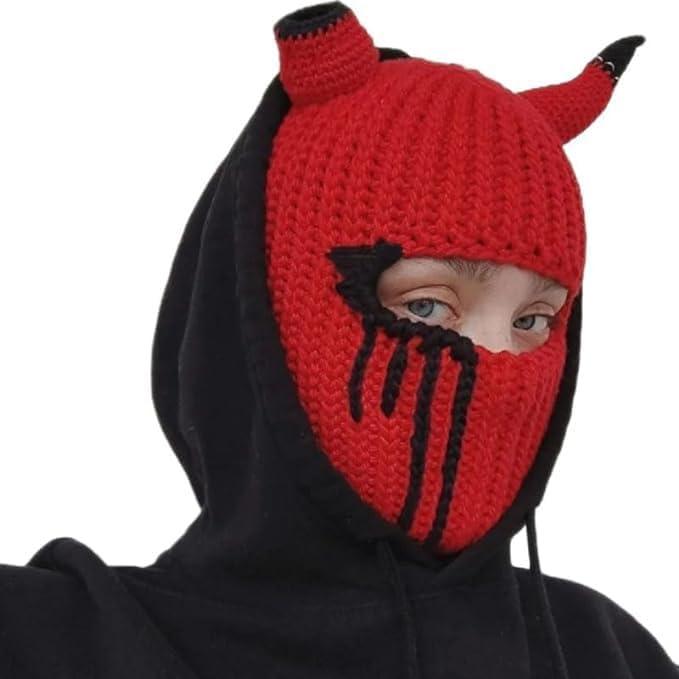 Funny Devil Horns Knitted Beanies Hat for Men Women Warm Balaclava Hat Full Face Ski Mask Hat - Image 4