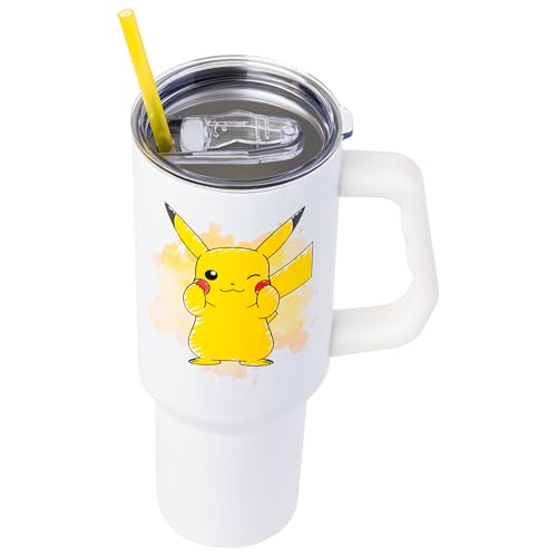 Image of Silver Buffalo Pokemon Double Walled Stainless Steel Tumbler with Handle Featuring Pikachu, Fits in Standard Cup Holder, 40 Ounces