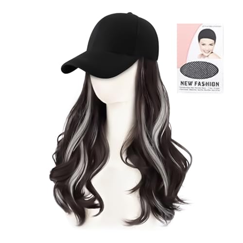 帽子付きウィッグ レディース 50cm カール かつら 自然 髪付き ロングカール ロング ストレート 帽子ウィッグ一体型 装着簡単 春夏秋用 便利 おしゃれ 通気性 小顔効果 日常 耐熱 (ブラックブラウン&白茶)