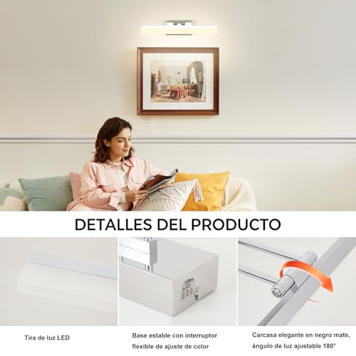 Miniatura 5 de Ecobrt Lámpara De Espejo Baño Led 40.5cm, 3 Temperaturas De Color 3000k 4000k 6000k, 9w 510lm Aplique Espejo Baño Moderno Impermeable Ip20 Cromo