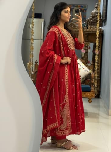 Image of ANNI Designer Women's Rayon Viscose Printed Embroidered Anarkali Kurta with Pant & Dupatta | Ethnic Kurti Set with Embroidery | Soft Comfortable Fabric | Stylish Outfit for Festive, Office