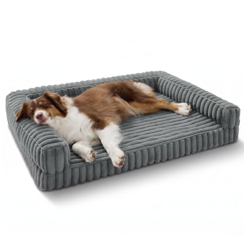 Bedsure ComfyFleece™ Orthopedic Dog Beds Large Sized Dog, Waterproof Memory Foam Pet Couch Sofa with Sides, Non-Slip Bottom and Egg-Crate Foam Large Pet Bed with Washable Corduroy Cover, Grey