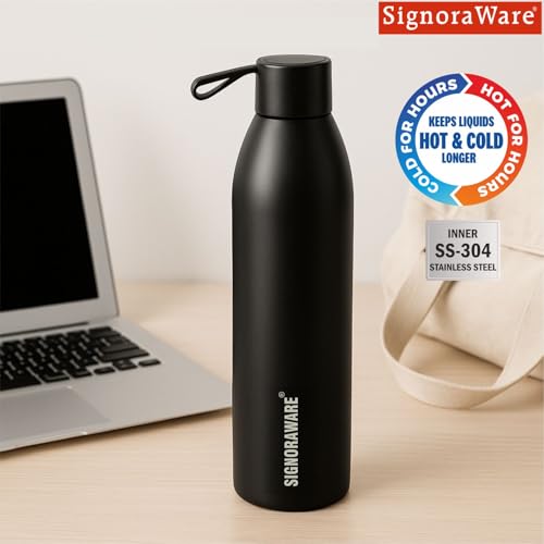 Image of SignoraWare Laguna Vacuum ISI Certified Stainless Steel Bottle | Airtight & Leakproof | Retain Freshness For Hours | Ergonomic Design | Ideal for School, Office, Gym Or Outdoors (950ml | Black)