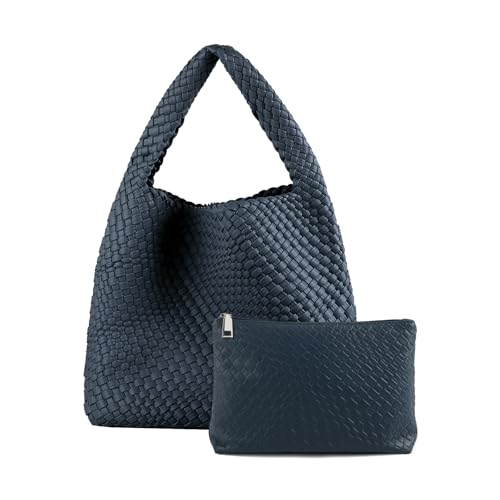 Woven Tote Bag For Women,Vegan Leather Hand Woven Handbags And Purse,Shoulder Bag Top-Handle Bag All-Match Underarm Bag (Navy Blue)