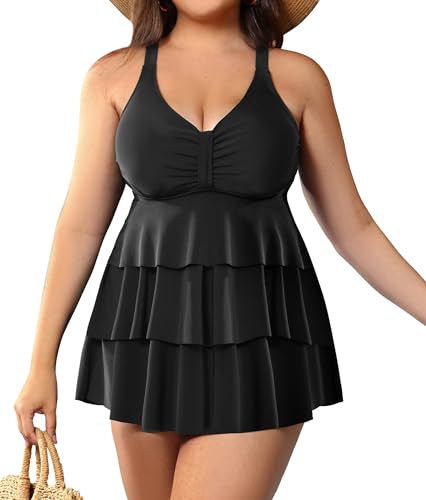 Plus Size Tankinis Ruffle Swim Top Tummy Control Swimsuits Two Piece Bathing Suits Swim Dress with Briefs2
