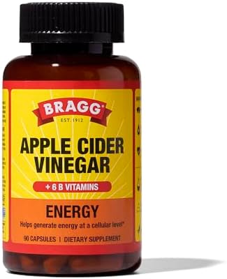 Bragg Energy Apple Cider Vinegar Capsules with B-12 Vitamins – 90 Capsules – Weight Management – Non-GMO, Vegan, Gluten Free, No Sugar – Helps Generate Energy at Cellular Level for Men and Women