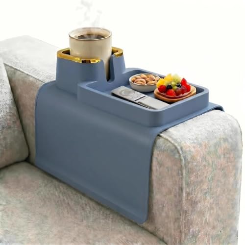 Luxury Gold Trim Couch Cup Holder Tray - Weighted Anti-Spill Navy Blue Silicone Sofa Armrest Organizer Non-Slip Recliner Tray Table for Drinks Remote Phone - Fits Most Couch Arms