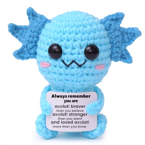 OkiyiD Mini Funny Positive Blue Axolotl Gifts Knitted Wool Axolotl Toy with Positive Card - Creative Cute Crochet Doll Cheer Up Keepsake Gift for Friends Women Student Christmas
