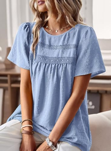 Falechay Tops For Women Casual Summer Pom Pom Short Sleeve Chiffon Babydoll Lace Hem Polka Dot Blouse Bohemian Crewneck Blue 2Xl thumb #1