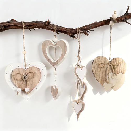 PHMING 4 Stück Fensterdeko Hängend Holz, Herzform Holz Anhänger...
