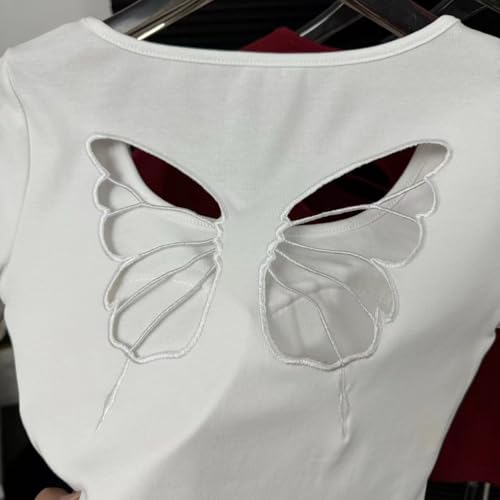 Image of ICW Women's Streetwear Round Neck Butterfly Cutout Back Short-Sleeve Padded Crop Top T-Shirt Dn249