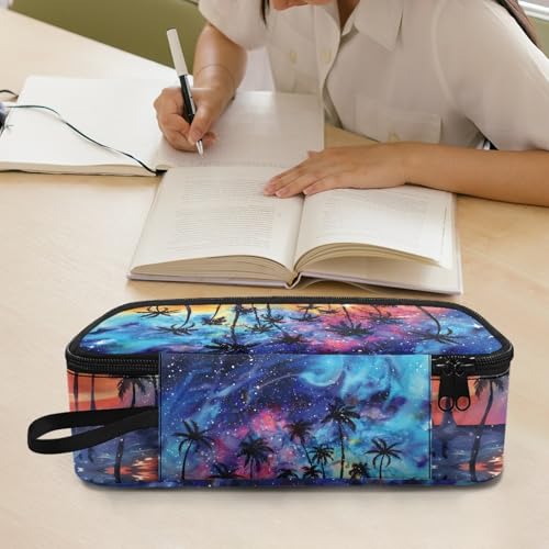 Image of Starry Beach Kids Large Pencil Pouch for Boys Girls Tropical Pencil Case with Metal Zipper Children Pencil Box for Adults Women Men Coin Purse Makeup Bag for Office Supplies